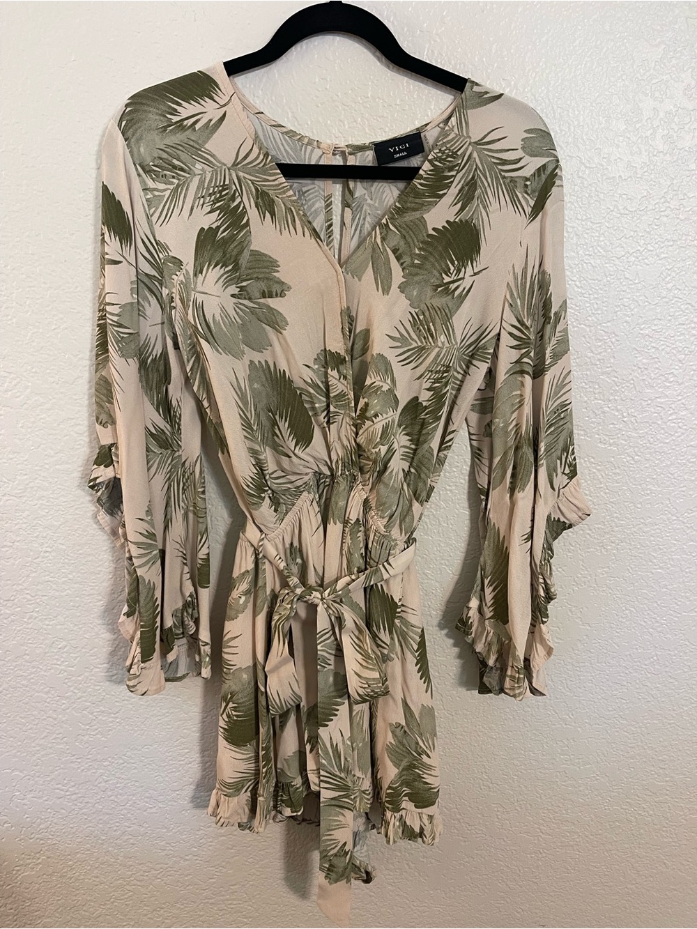 VICI Beige Romper with Olive Palm Print and Tie Waist